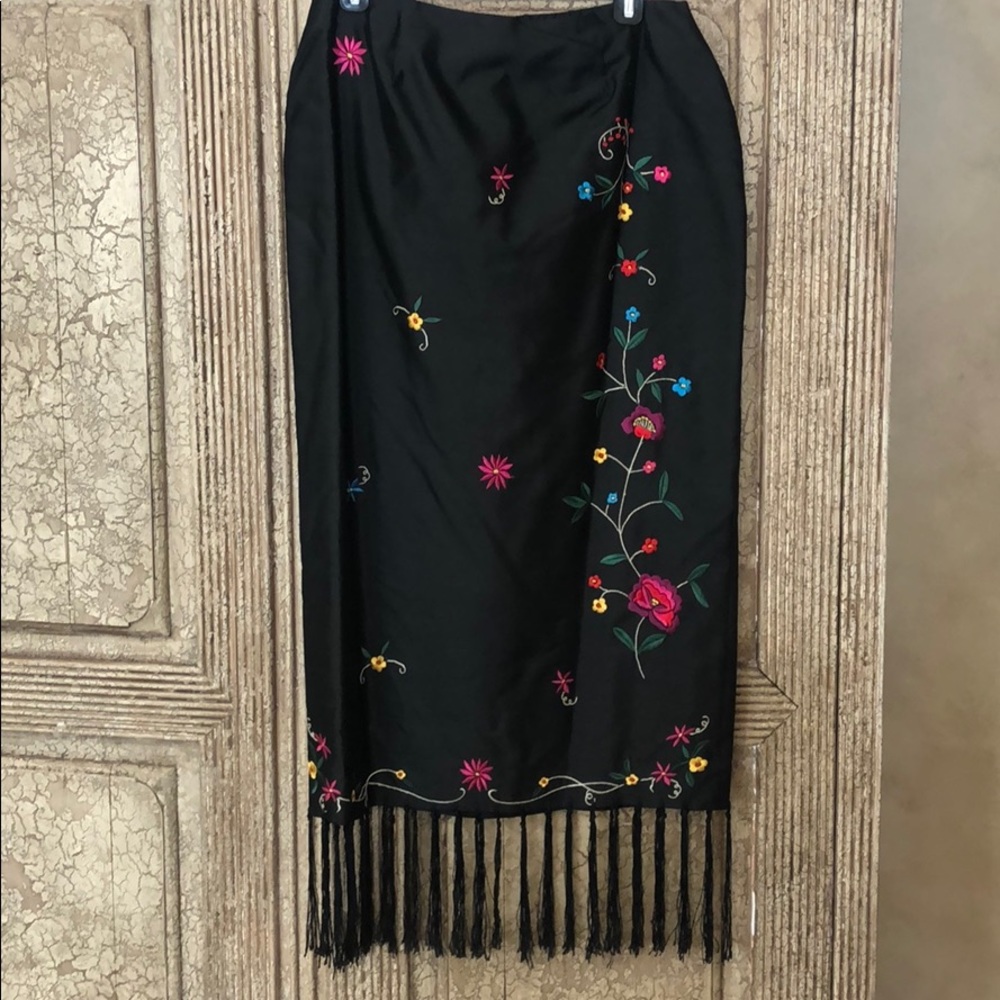 Silk black midi skirt with flower embroidery